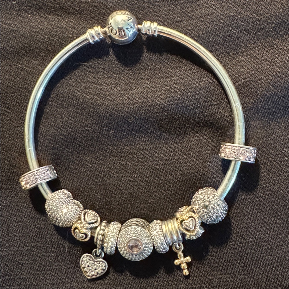 Pandora Silver Sparkling Charm Bracelet with Heart and Cross Accents M 💎